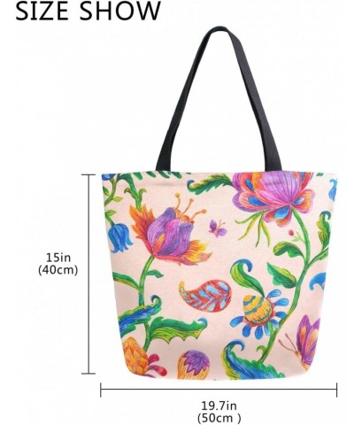 Paisley Butterfly Floral Ethnic Flower Large Canvas Tote Bag Shopping Shoulder Handbag with Small Zippered Pocket $11.00 Totes