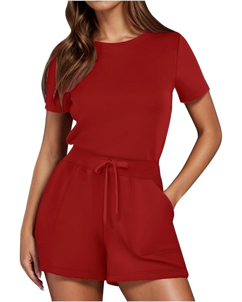 Chiffon Jumpsuit Tropical Solid Jumpsuit With 4 Pockets Summer Loose Romper Women Red-b➤➤ Womens Rompers 2024 Summer $10.90 C...