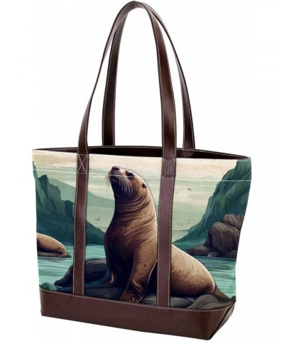 Sea Lion Canvas Leather Mix Hand-Held Bag - Stylish and Durable 13.3x4.7x12.2 in Handbag for Women - Ideal for Everyday Use -...