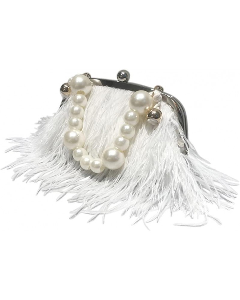 Vintage Fluffy Ostrich Feather Evening bags and Clutches for Women Pearl Chain Tote bags Bridal Purses Wedding Party White $3...