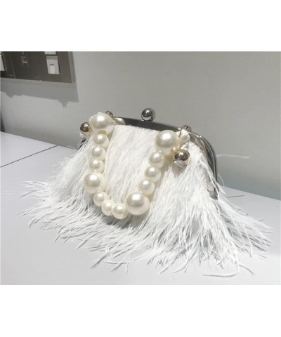 Vintage Fluffy Ostrich Feather Evening bags and Clutches for Women Pearl Chain Tote bags Bridal Purses Wedding Party White $3...