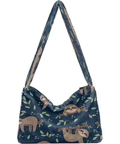 Cartoon Koala Design Purses for Women Hobo Bag, Fluffy Bag Women Single Shoulder Bag Sloth on Tropical Leaves $11.96 Totes