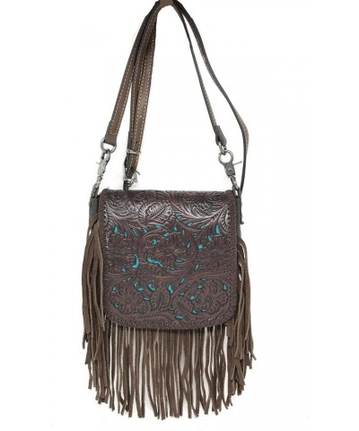 Western Genuine Leather Floral Tooled Fringe Womens Crossbody Bag 3 Color Coffee/Turquoise $31.50 Crossbody Bags