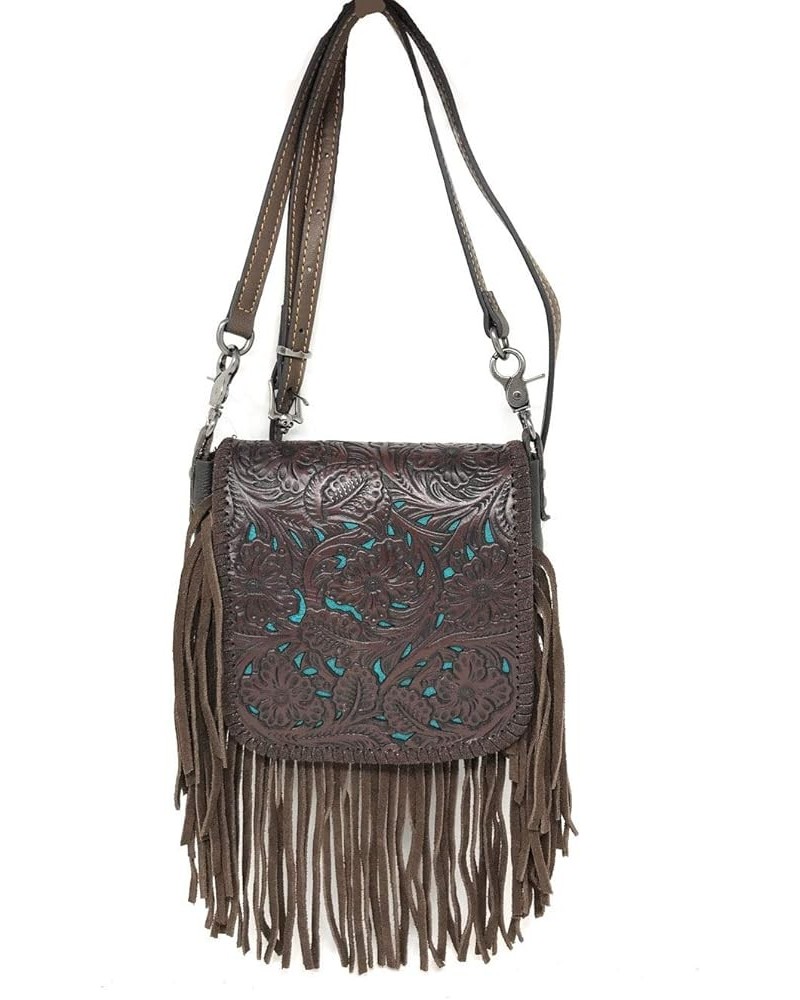 Western Genuine Leather Floral Tooled Fringe Womens Crossbody Bag 3 Color Coffee/Turquoise $31.50 Crossbody Bags