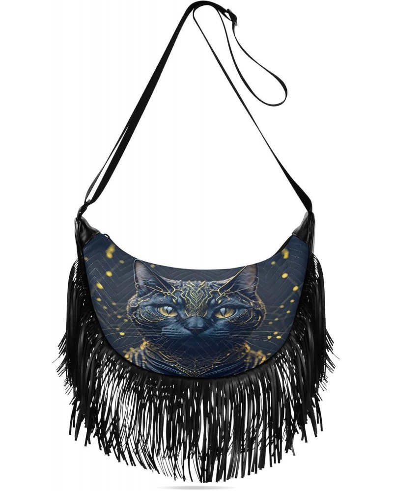 Women's Fringe Crossbody Tassel Purse Gold Black Cat Hobo Shoulder Bags Crossbody Handbag with Adjustable Shoulder Straps $10...