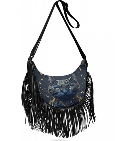 Women's Fringe Crossbody Tassel Purse Gold Black Cat Hobo Shoulder Bags Crossbody Handbag with Adjustable Shoulder Straps $10...