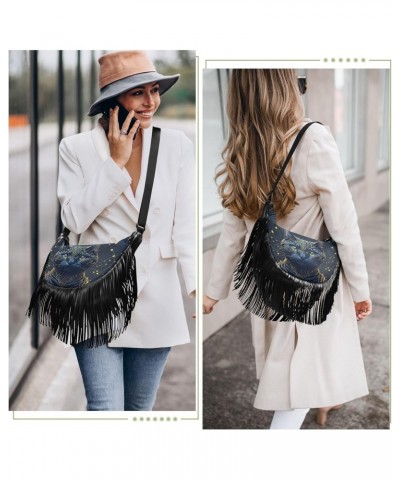 Women's Fringe Crossbody Tassel Purse Gold Black Cat Hobo Shoulder Bags Crossbody Handbag with Adjustable Shoulder Straps $10...