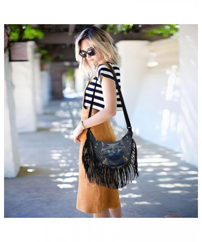 Women's Fringe Crossbody Tassel Purse Gold Black Cat Hobo Shoulder Bags Crossbody Handbag with Adjustable Shoulder Straps $10...