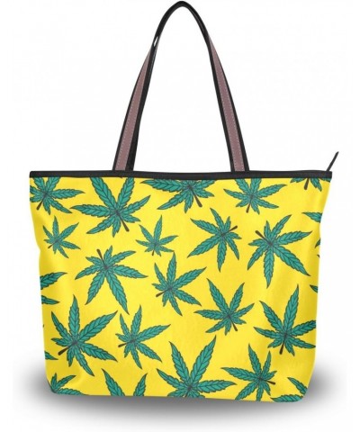 Women Handle Tote Bag Green Leaves On Yellow Shoulder Bag Handbag $11.07 Shoulder Bags