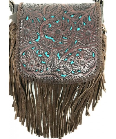 Western Genuine Leather Floral Tooled Fringe Womens Crossbody Bag 3 Color Coffee/Turquoise $31.50 Crossbody Bags