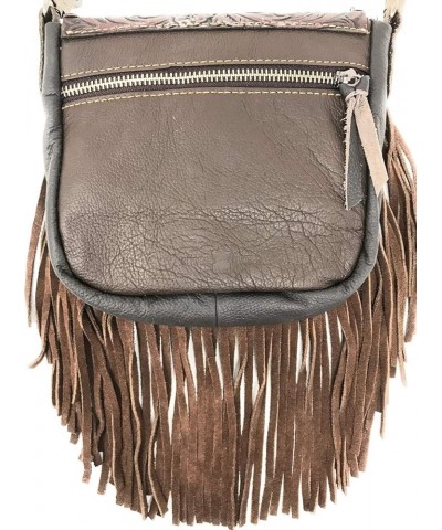 Western Genuine Leather Floral Tooled Fringe Womens Crossbody Bag 3 Color Coffee/Turquoise $31.50 Crossbody Bags