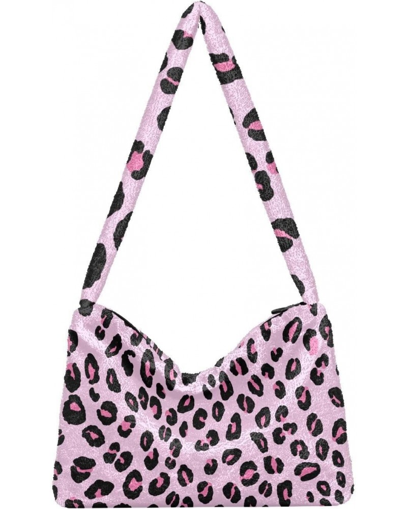 Leopard Print Cheetah Pink Fluffy Crossbody Bag Furry Tote Bags for Women Fuzzy Purse Handbag Lady Shoulder Bag Large Plush B...