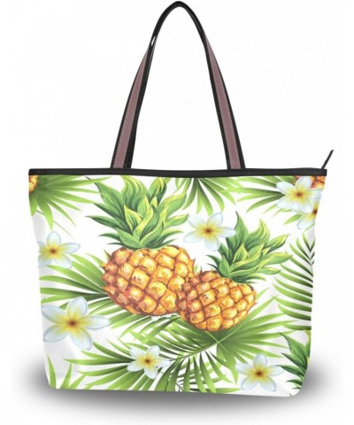 Womens Tote Bag, Pineapple Palm Leaves Floral Ladies Zip Shoulder Handbags $10.08 Shoulder Bags