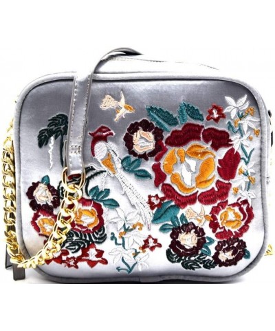 Flower Embroidery Satin Camera Bag Style Cross Body Silver $14.39 Crossbody Bags