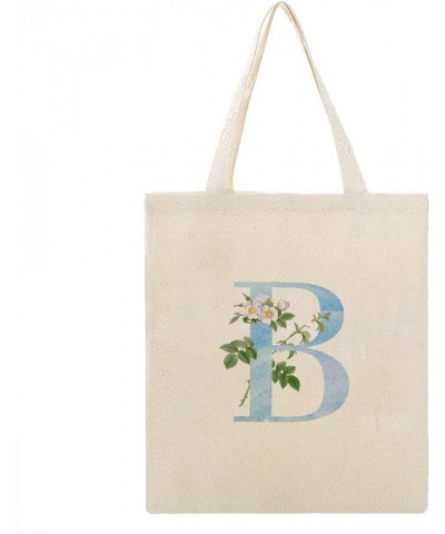 Floral Blue Watercolor Monogram Alphabet Letter Initial B Canvas Tote Bag with Handle Cute Book Bag Shopping Shoulder Bag for...