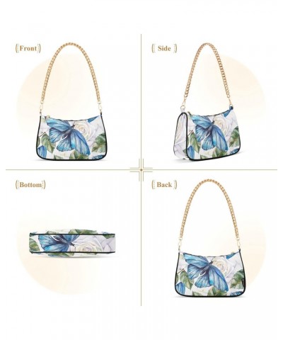 Butterfly White Roses Shoulder Bag for Women Fabric Crescent Handbag with Zipper Chain Clutch Purses for Concert Teen Girls T...