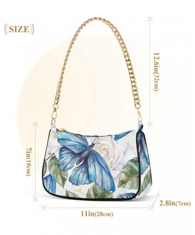 Butterfly White Roses Shoulder Bag for Women Fabric Crescent Handbag with Zipper Chain Clutch Purses for Concert Teen Girls T...