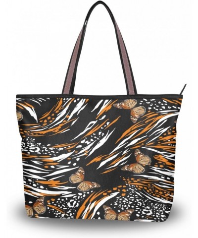 Womens Tote Bag, Animal Skin in Safari Mood Mixed with Butterflies Flying Ladies Zip Shoulder Handbags $11.04 Shoulder Bags