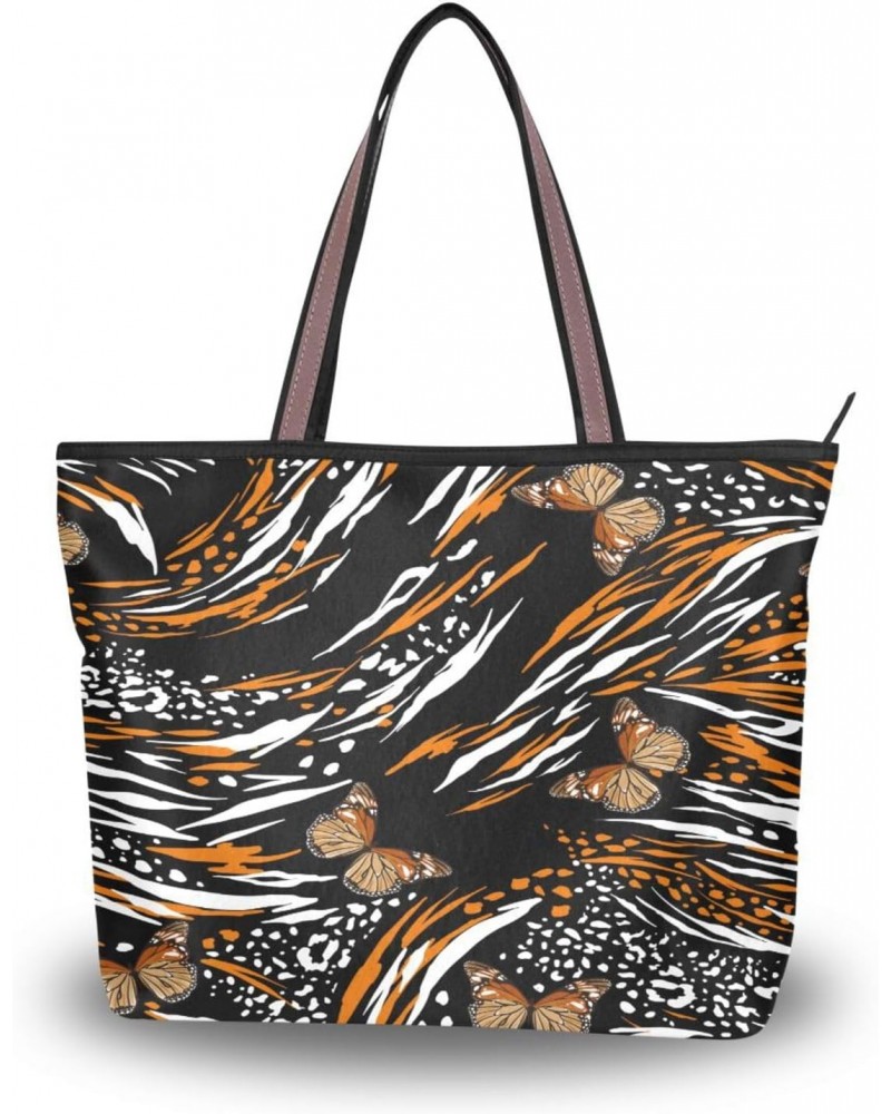 Womens Tote Bag, Animal Skin in Safari Mood Mixed with Butterflies Flying Ladies Zip Shoulder Handbags $11.04 Shoulder Bags