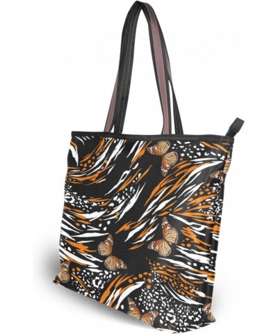 Womens Tote Bag, Animal Skin in Safari Mood Mixed with Butterflies Flying Ladies Zip Shoulder Handbags $11.04 Shoulder Bags