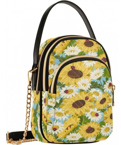 Sunflowers and Ladybugs Quilted Crossbody Bag for Women, Small Cell Phone Bag Shoulder Handbags Purse with Leather Strap (1) ...