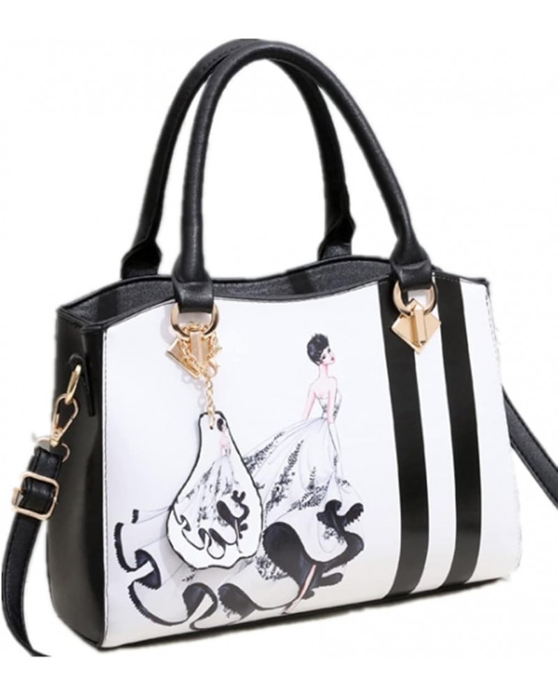 Women Top Handle Shoulder Handbag Fashion Print Satchel Crossbody Bag Black $21.31 Satchels