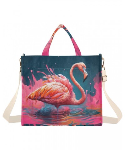 Pink Flamingo in Lake Corduroy Women Tote Bag, Handbag Purse with Detachable Strap Small Size $17.10 Crossbody Bags