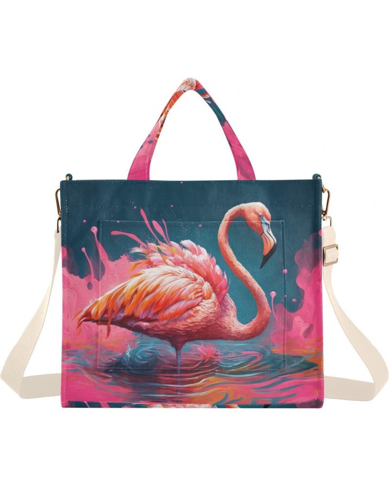 Pink Flamingo in Lake Corduroy Women Tote Bag, Handbag Purse with Detachable Strap Small Size $17.10 Crossbody Bags