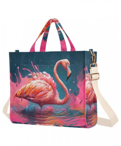 Pink Flamingo in Lake Corduroy Women Tote Bag, Handbag Purse with Detachable Strap Small Size $17.10 Crossbody Bags