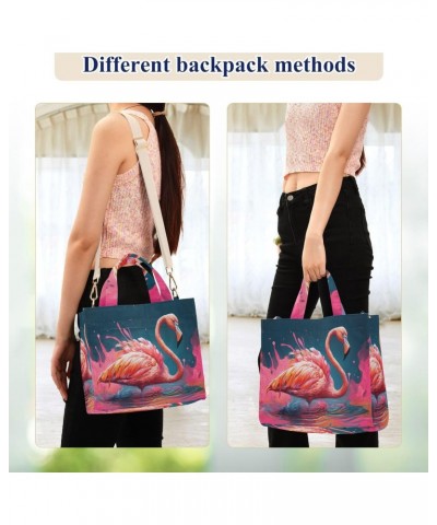 Pink Flamingo in Lake Corduroy Women Tote Bag, Handbag Purse with Detachable Strap Small Size $17.10 Crossbody Bags