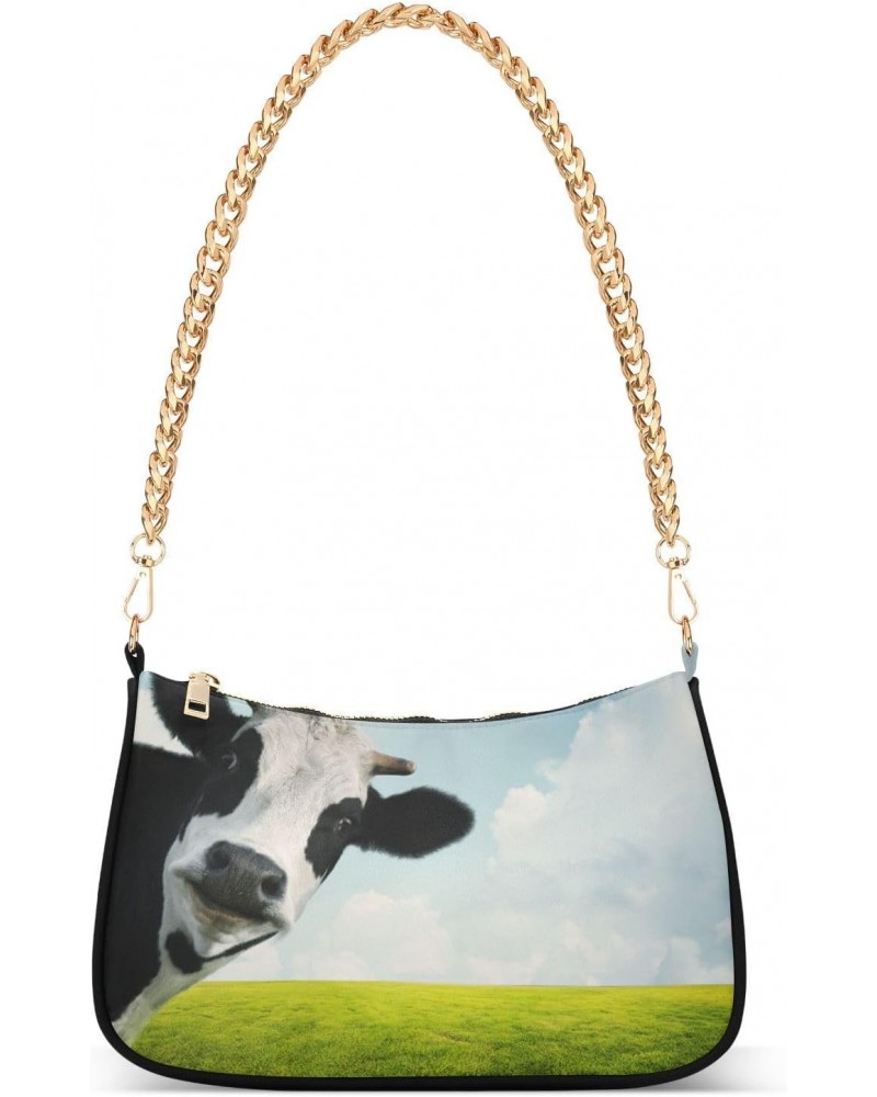 Funny Cow Shoulder Bag for Women Clutch Shoulder Purse Chain Bag with Zipper Closure Women's Tote Hobo Handbags Gold Purse Ch...