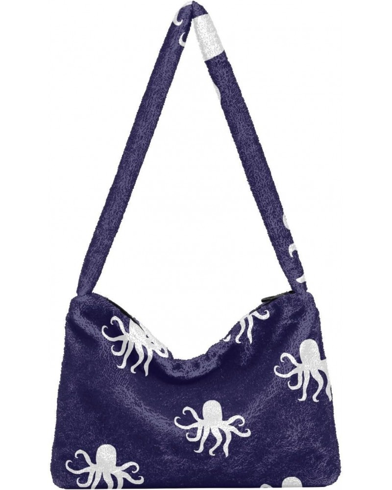 Cartoon Octopuses Blue Furry Tote Bag for Women Crossbody Bag Shoulder Purse Handbag Puffer Tote with Zipper for Fall Winter ...