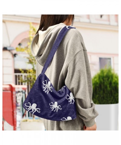 Cartoon Octopuses Blue Furry Tote Bag for Women Crossbody Bag Shoulder Purse Handbag Puffer Tote with Zipper for Fall Winter ...