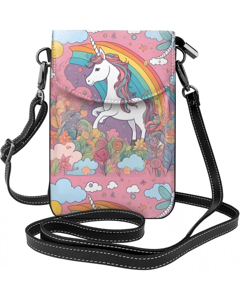 Pretty Flowers And Unicorns Leather Cross Body Flip Phone Bag With Detachable Shoulder Straps, Used For Travel, Dating, Holid...