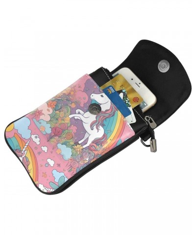 Pretty Flowers And Unicorns Leather Cross Body Flip Phone Bag With Detachable Shoulder Straps, Used For Travel, Dating, Holid...