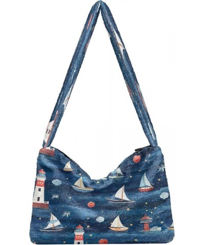 Pumpkin Shoulder Tote Bag, Tote Bag with Zipper Closure, Womens Outdoor Bag Lighthouse and a Sailing Boat-2 $9.99 Shoulder Bags