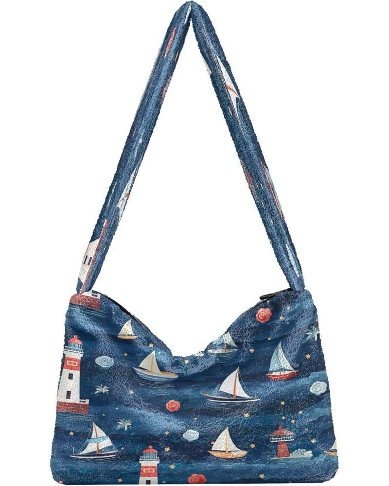 Pumpkin Shoulder Tote Bag, Tote Bag with Zipper Closure, Womens Outdoor Bag Lighthouse and a Sailing Boat-2 $9.99 Shoulder Bags