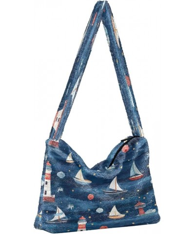 Pumpkin Shoulder Tote Bag, Tote Bag with Zipper Closure, Womens Outdoor Bag Lighthouse and a Sailing Boat-2 $9.99 Shoulder Bags