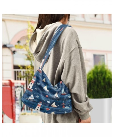 Pumpkin Shoulder Tote Bag, Tote Bag with Zipper Closure, Womens Outdoor Bag Lighthouse and a Sailing Boat-2 $9.99 Shoulder Bags