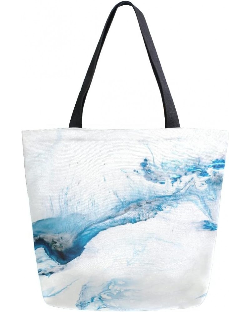 Blue & White Marble Art Painting Large Canvas Tote Bag Shopping Shoulder Handbag with Small Zippered Pocket $10.56 Totes