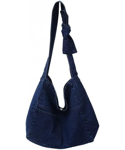 Denim Shoulder Bag for Girls Casual Tote Handbag Lightweight Canvas Bag Retro Hobo Bag Satchel for Travel School Work Dark Bl...