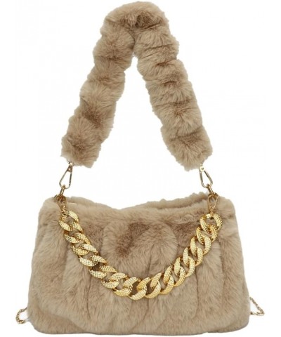 Furry Shoulder Crossbody Bag for Women Fuzzy Faux Fur Hobo Tote Handbag Plush Handbag Pearl Chain Armpit Purse Chain Khaki $1...