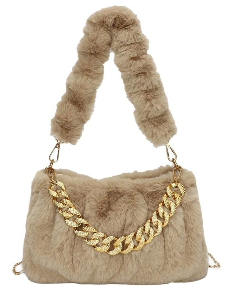 Furry Shoulder Crossbody Bag for Women Fuzzy Faux Fur Hobo Tote Handbag Plush Handbag Pearl Chain Armpit Purse Chain Khaki $1...