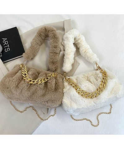 Furry Shoulder Crossbody Bag for Women Fuzzy Faux Fur Hobo Tote Handbag Plush Handbag Pearl Chain Armpit Purse Chain Khaki $1...