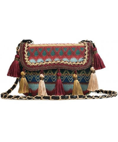 Women Ethnic Bohemian Braid Crossbody Bag with Tassel Fringed Flap Megnet Opening Shoulder Bag Chain Strap Handbag Red $13.49...