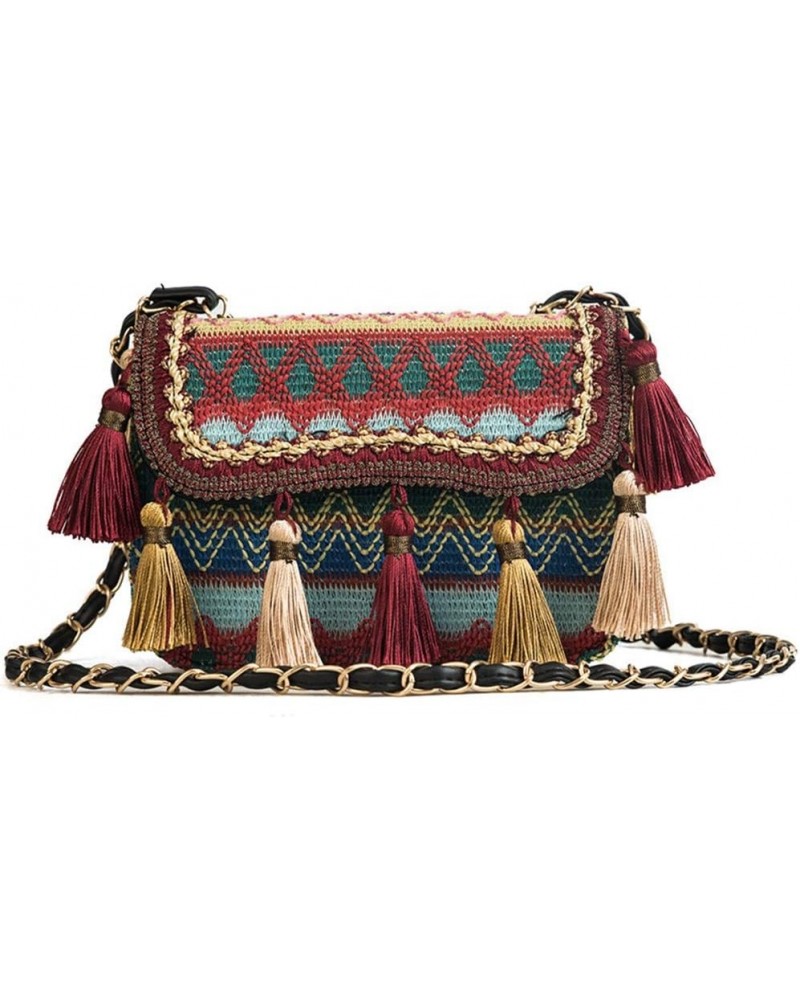 Women Ethnic Bohemian Braid Crossbody Bag with Tassel Fringed Flap Megnet Opening Shoulder Bag Chain Strap Handbag Red $13.49...