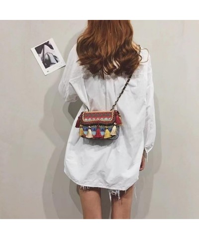 Women Ethnic Bohemian Braid Crossbody Bag with Tassel Fringed Flap Megnet Opening Shoulder Bag Chain Strap Handbag Red $13.49...