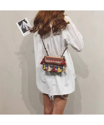 Women Ethnic Bohemian Braid Crossbody Bag with Tassel Fringed Flap Megnet Opening Shoulder Bag Chain Strap Handbag Red $13.49...