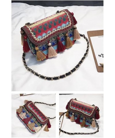 Women Ethnic Bohemian Braid Crossbody Bag with Tassel Fringed Flap Megnet Opening Shoulder Bag Chain Strap Handbag Red $13.49...