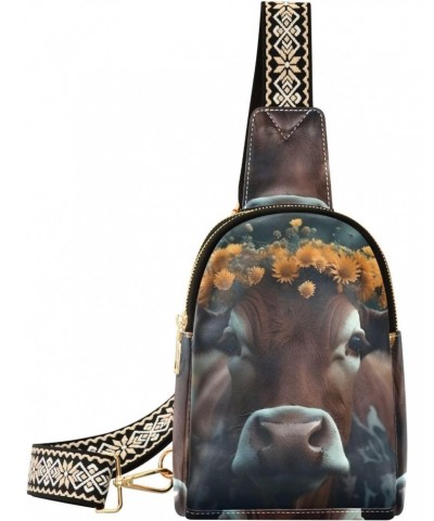 Women's Sling Bag Cow Sunflower Print with Adjustable Strap Zipper Closure, PU Leather Water Resistant Crossbody Bag Purse Ch...